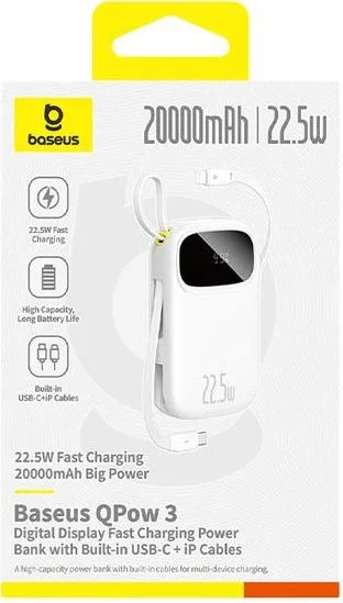 BASEUS Enerfill FC31, Powerbank, 10000MAh, με 2 καλώδια Type-C, 22.5W, με ΨΗΦΙΑΚΗ οθόνη, λευκό — εικόνα 2