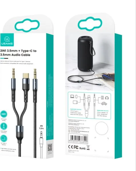 USAMS καλώδιο ήχου 3.5mm σε USB-C & 3.5mm US-SJ555, 1.2m, μαύρο — εικόνα 3