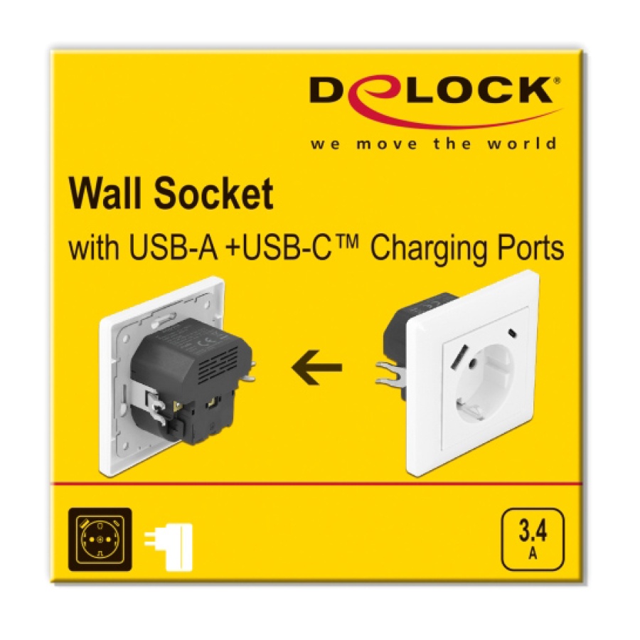 DELOCK πρίζα τοίχου 11489 με θύρες φόρτισης USB & USB Type-C 3.4A, λευκή - Image 3