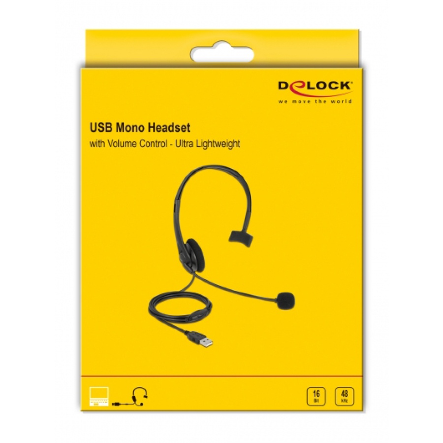 DELOCK headphones με μικρόφωνο 27177, mono, USB, volume control, μαύρα - Image 3