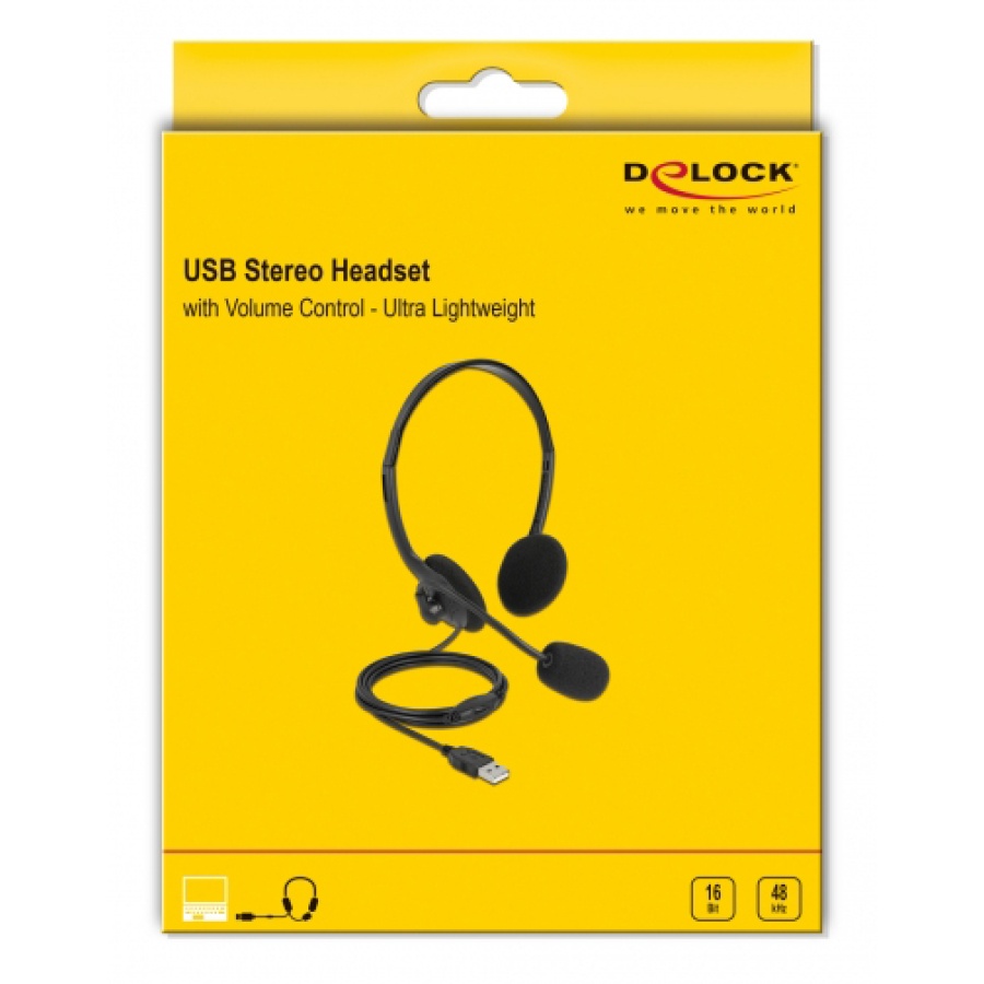 DELOCK headphones με μικρόφωνο 27178, stereo, USB, volume control, μαύρα - Image 3