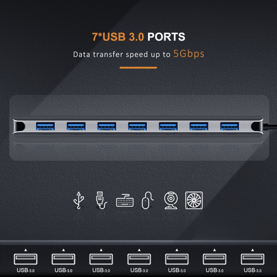 CABLETIME USB hub CT-HUB7, 7x θυρών, 5Gbps, USB-C σύνδεση, γκρι - Image 3