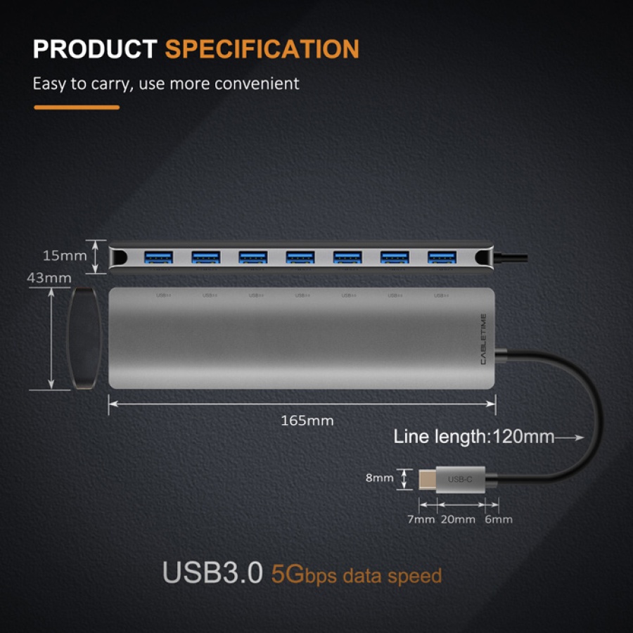 CABLETIME USB hub CT-HUB7, 7x θυρών, 5Gbps, USB-C σύνδεση, γκρι - Image 5