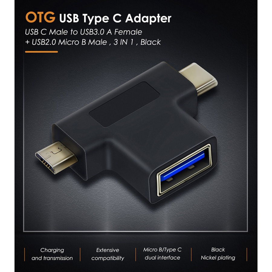 CABLETIME αντάπτορας USB σε USB-C & micro USB CT-3IN1-AB, 5Gbps, μαύρος - Image 2