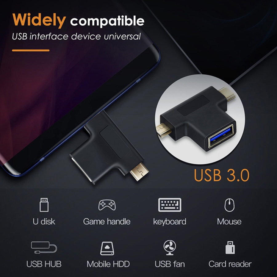 CABLETIME αντάπτορας USB σε USB-C & micro USB CT-3IN1-AB, 5Gbps, μαύρος - Image 3