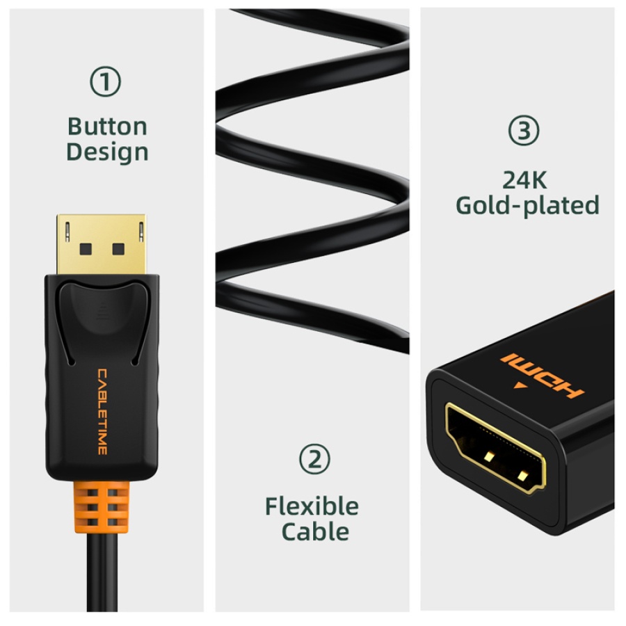 CABLETIME αντάπτορας DisplayPort σε HDMI CT-01G, 1080p, 0.2m, μαύρος - Image 2