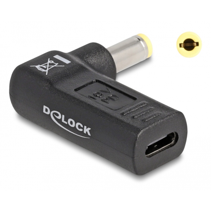 DELOCK αντάπτορας τροφοδοσίας 60011, USB-C σε 5.5x2.5mm, 90°, μαύρος