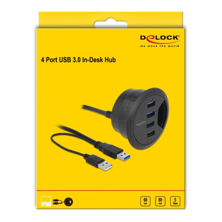 DELOCK USB hub 62868, 4x θυρών, 5Gbps, Φ60/80mm, USB σύνδεση, μαύρο - Image 4