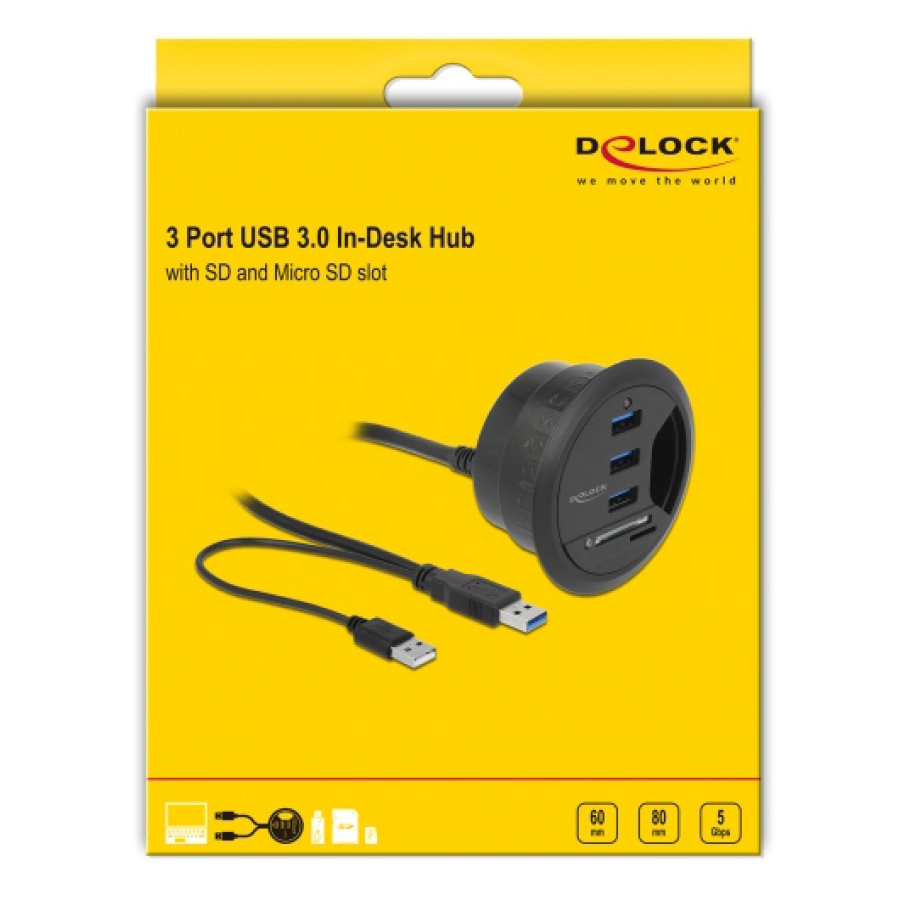 DELOCK USB hub 62869 με card reader, 5x θυρών, 5Gbps, Φ60/80mm, μαύρο - Image 4