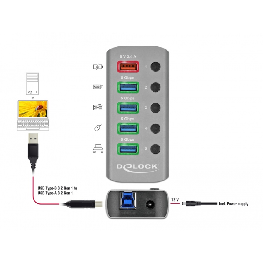 DELOCK USB hub 63262 με διακόπτες, 5x θυρών, 5Gbps, 2.4A, γκρι - Image 2