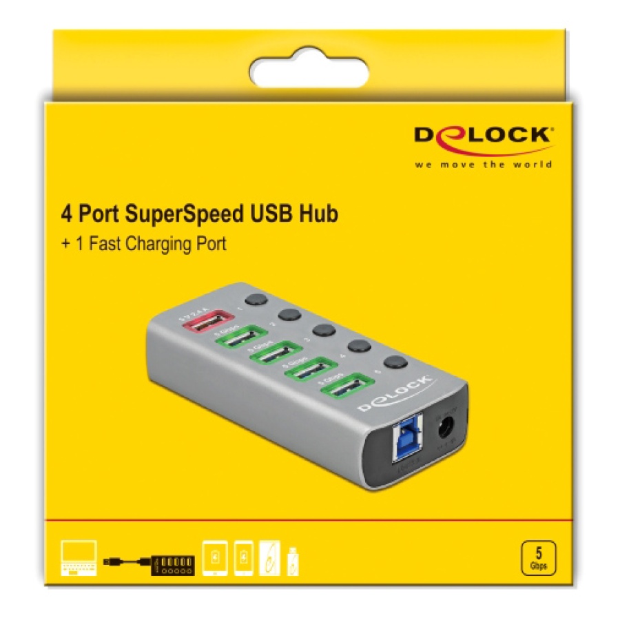 DELOCK USB hub 63262 με διακόπτες, 5x θυρών, 5Gbps, 2.4A, γκρι - Image 3