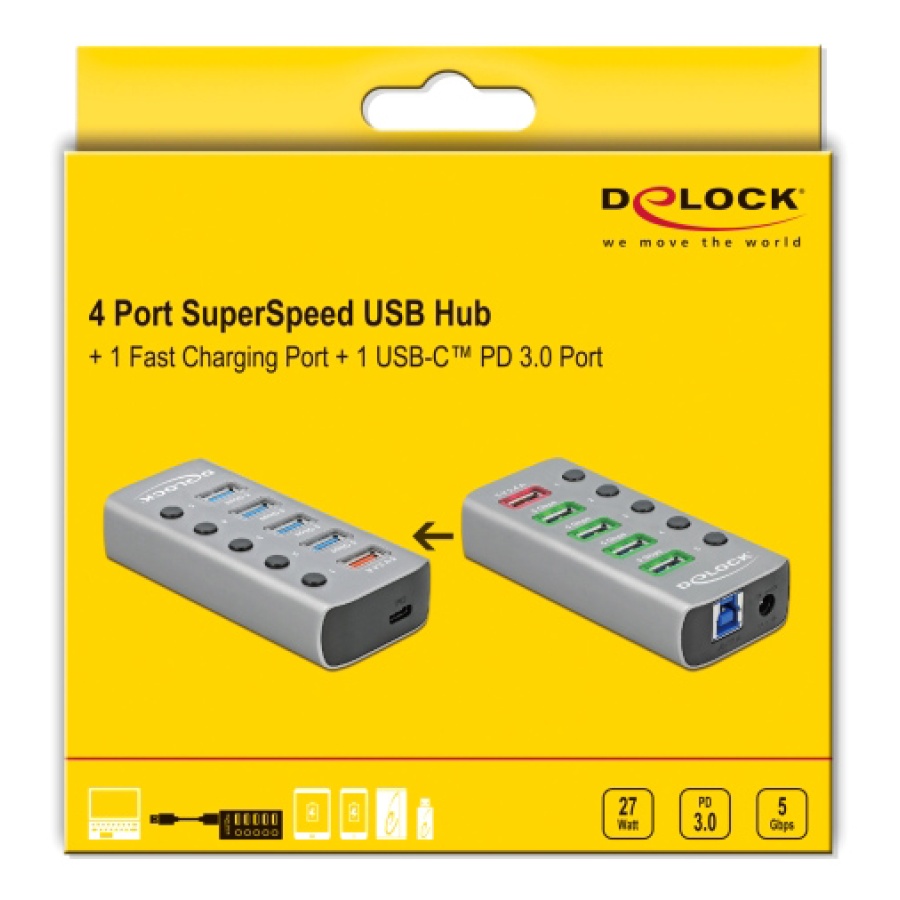 DELOCK USB hub 63263 με διακόπτες, 6x θυρών, 5Gbps, 12V/2.25A PD, γκρι - Image 3