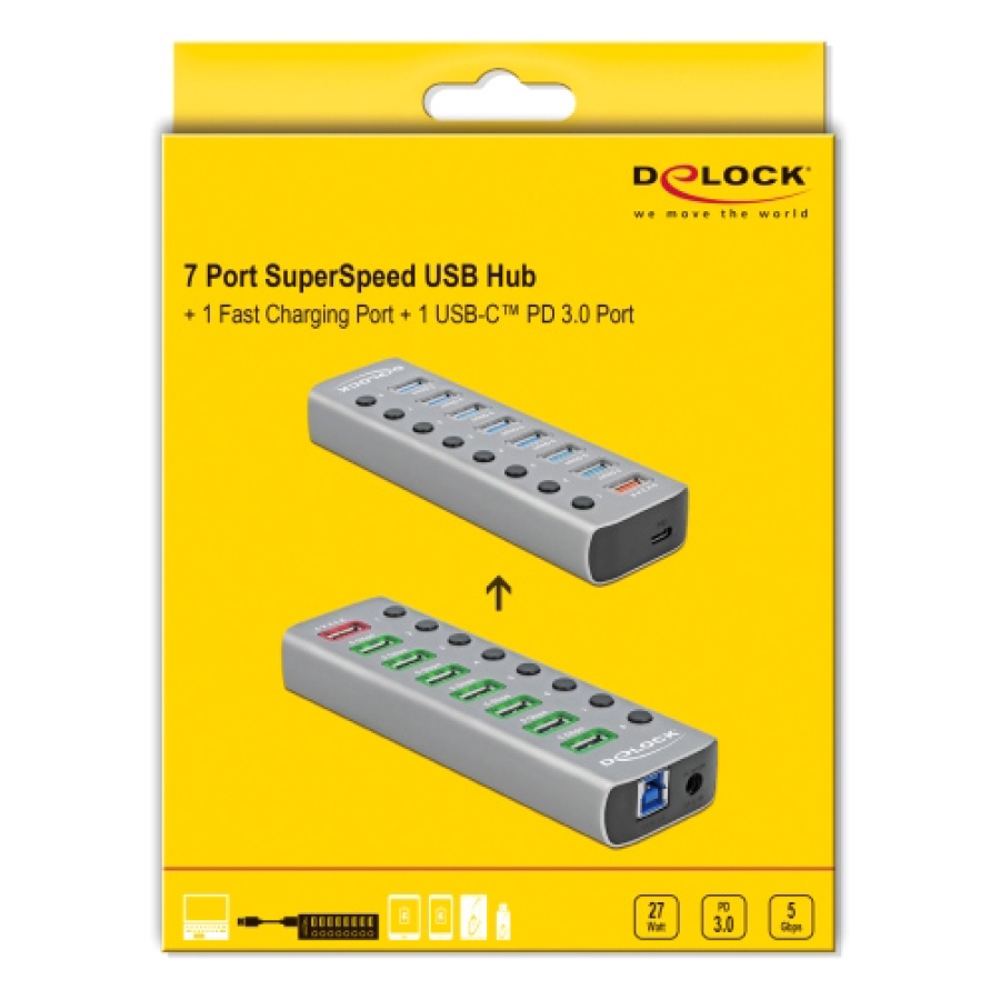 DELOCK USB hub 63264 με διακόπτες, 9x θυρών, 5Gbps, 12V/2.25A PD, γκρι - Image 3