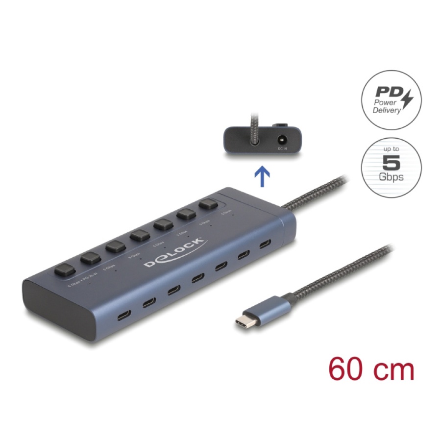 DELOCK USB-C hub 63410 με διακόπτες, 7x θυρών, 5Gbps, 20W, USB-C σύνδεση, μπλε - Image 3