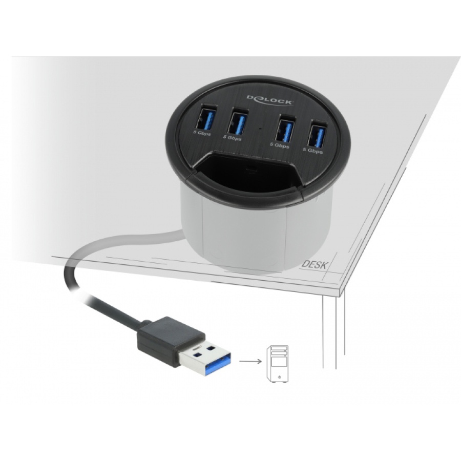 DELOCK USB hub 64153, 4x θυρών, 5Gbps, Φ60mm, USB σύνδεση, μαύρο - Image 2