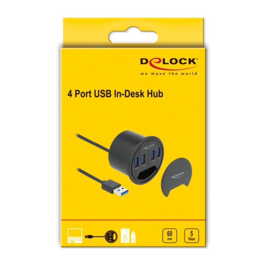 DELOCK USB hub 64153, 4x θυρών, 5Gbps, Φ60mm, USB σύνδεση, μαύρο - Image 5