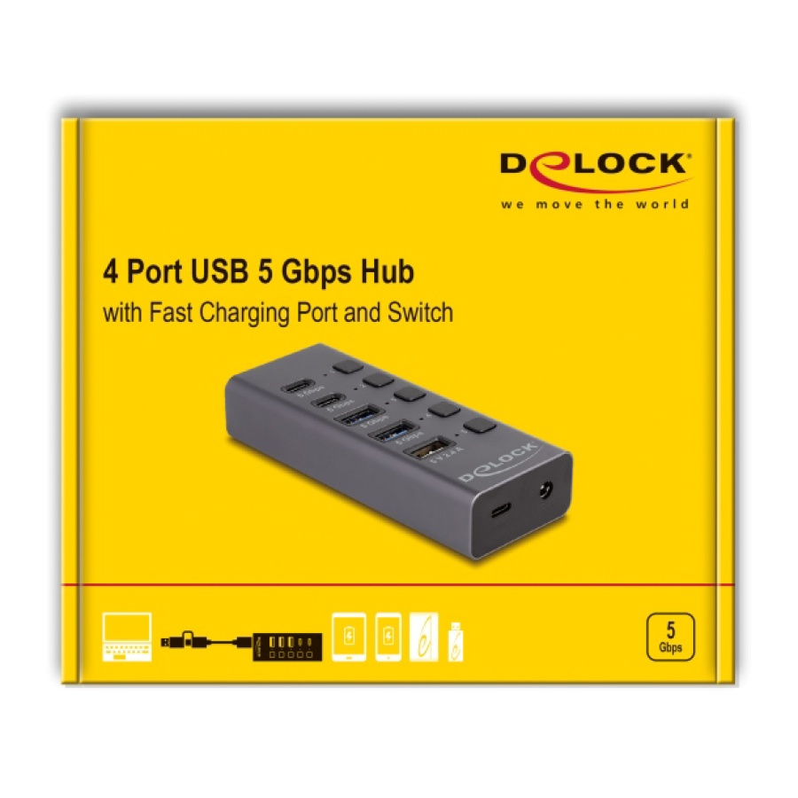 DELOCK USB hub 64248 με διακόπτες, 5x θυρών, 5Gbps, USB/USB-C σύνδεση, γκρι - Image 4