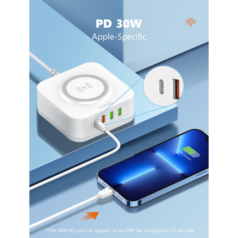 LDNIO σταθμός φόρτισης AW004, USB-C/3x USB/wireless, 32W, PD/QC, λευκός - Image 9