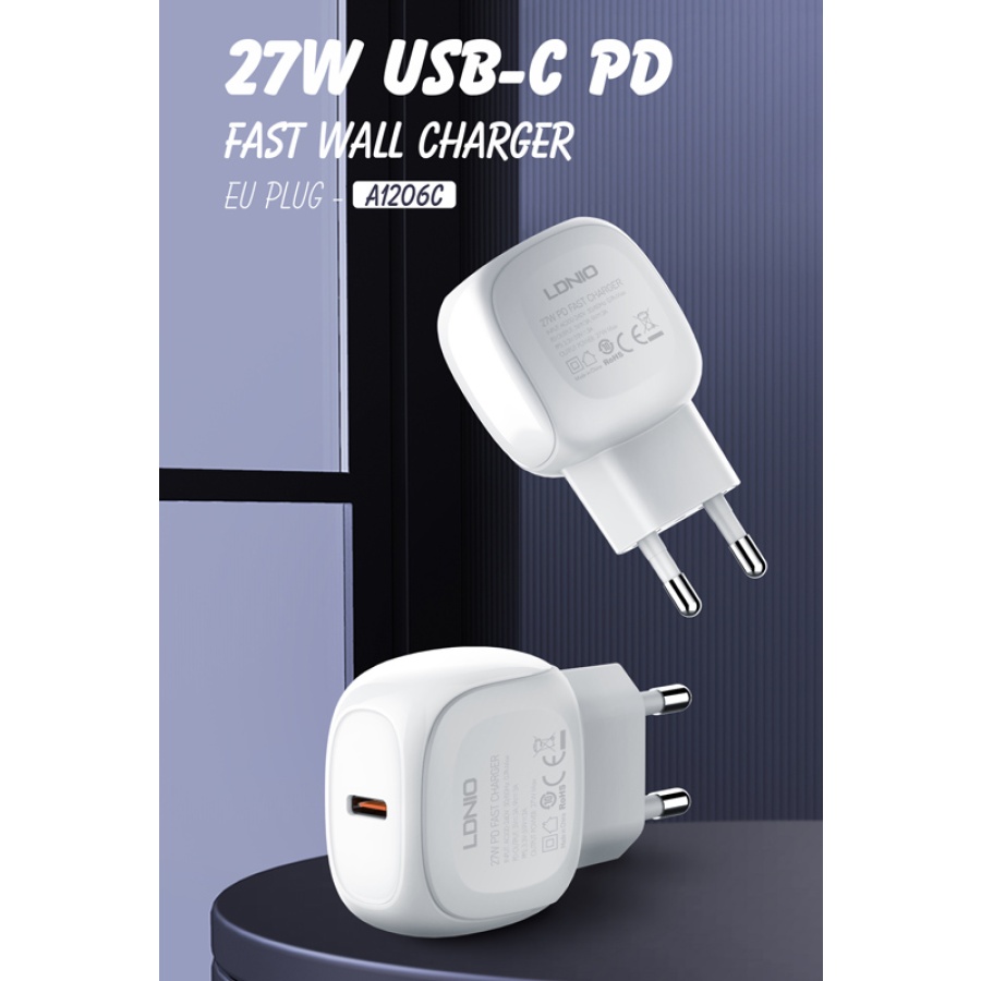 LDNIO φορτιστής τοίχου A1206C με καλώδιο USB-C, 1x USB-C, 27W PD, λευκός - Image 3