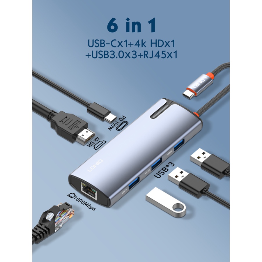 LDNIO docking station DS-16H, 6 θυρών, USB-C σύνδεση, 4K, 100W PD, γκρι - Image 8