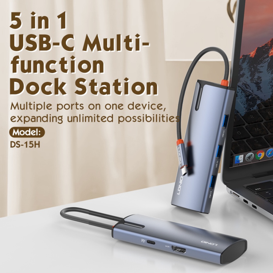 LDNIO docking station DS-15H, 5 θυρών, USB-C σύνδεση, 4K, 100W PD, γκρι - Image 2