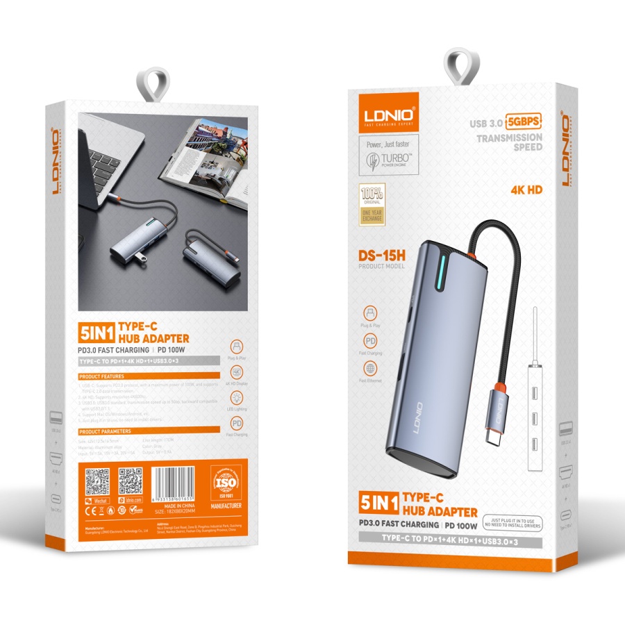 LDNIO docking station DS-15H, 5 θυρών, USB-C σύνδεση, 4K, 100W PD, γκρι - Image 5