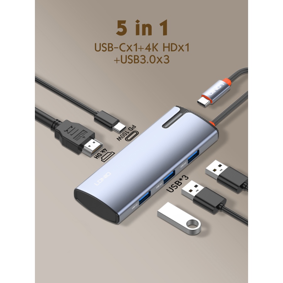 LDNIO docking station DS-15H, 5 θυρών, USB-C σύνδεση, 4K, 100W PD, γκρι - Image 7