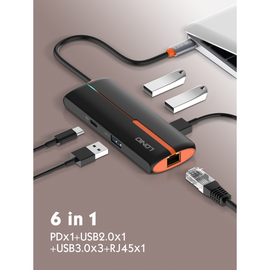 LDNIO USB hub DS-26U με θύρα δικτύου, 6 θυρών, USB-C σύνδεση, 100W PD, λευκό - Image 5