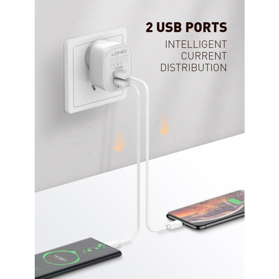 LDNIO φορτιστής τοίχου A201 με καλώδιο USB-C, 2x USB, 12W, λευκός - Image 2