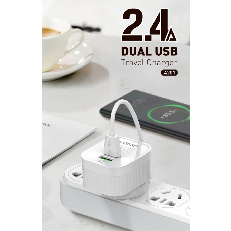 LDNIO φορτιστής τοίχου A201 με καλώδιο USB-C, 2x USB, 12W, λευκός - Image 3