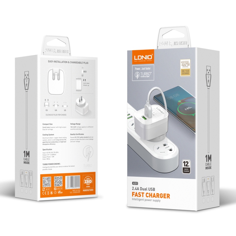 LDNIO φορτιστής τοίχου A201 με καλώδιο USB-C, 2x USB, 12W, λευκός - Image 6