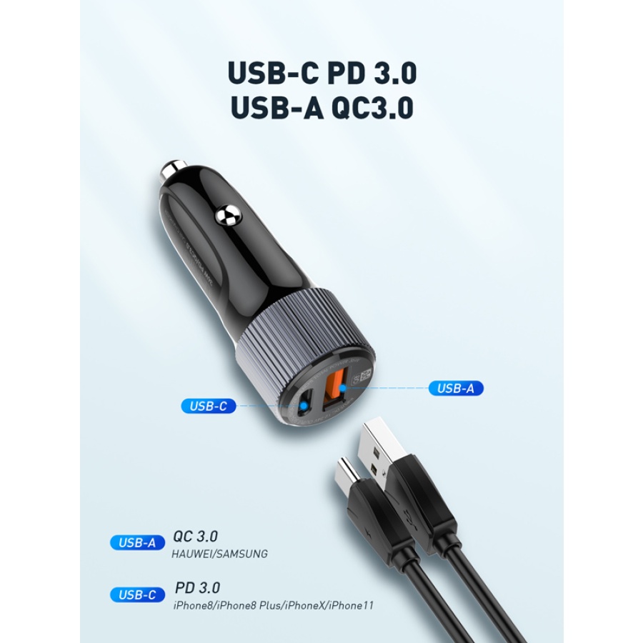 LDNIO φορτιστής αυτοκινήτου C510Q με καλώδιο, USB & USB-C, 38W, μαύρος - Image 3