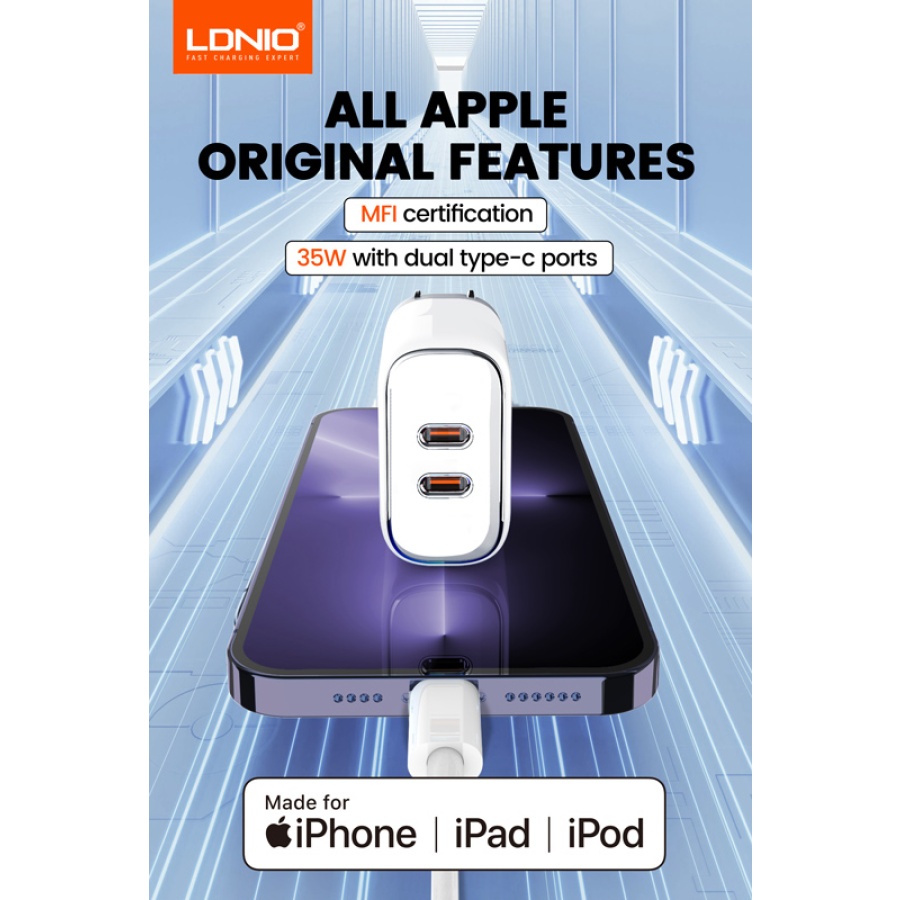 LDNIO φορτιστής τοίχου A2528M με καλώδιο, 2x USB-C, 35W, MFi, λευκό - Image 2