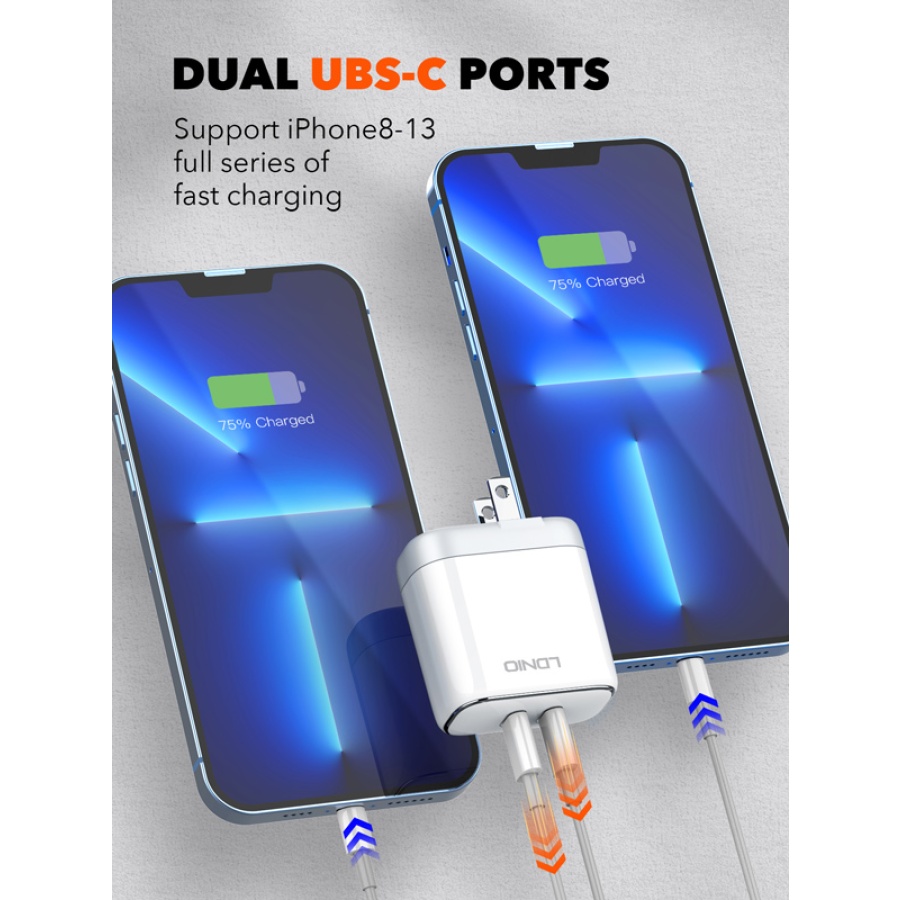 LDNIO φορτιστής τοίχου A2528M με καλώδιο, 2x USB-C, 35W, MFi, λευκό - Image 3