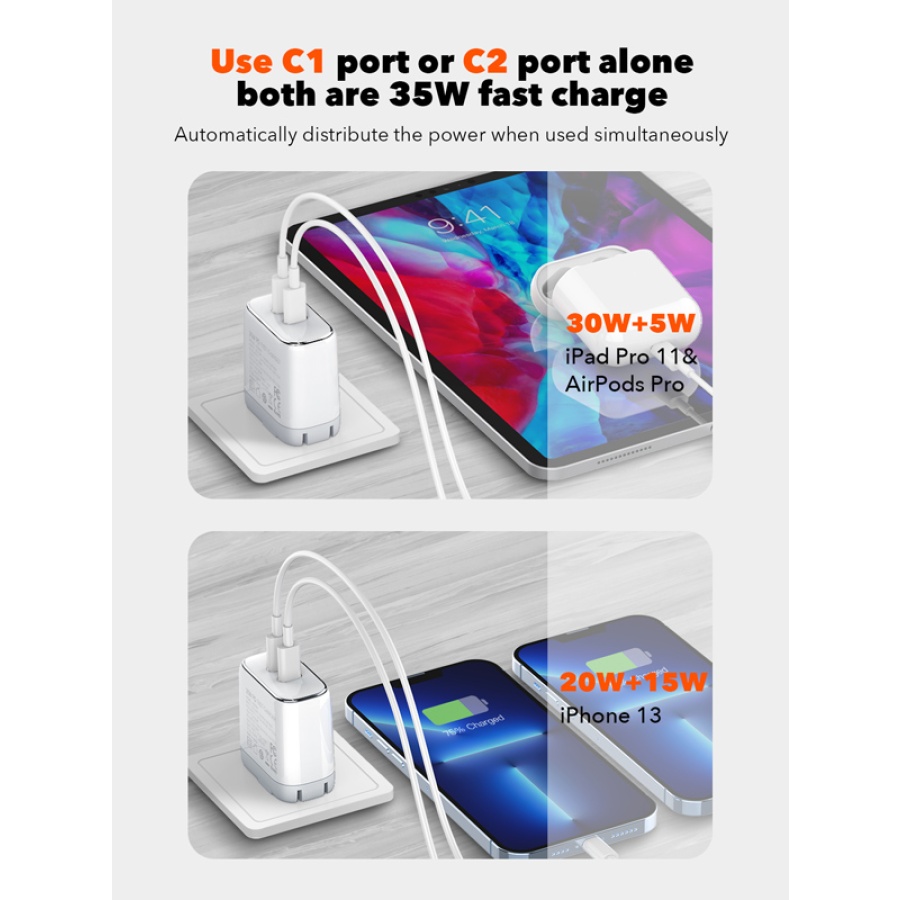 LDNIO φορτιστής τοίχου A2528M με καλώδιο, 2x USB-C, 35W, MFi, λευκό - Image 4