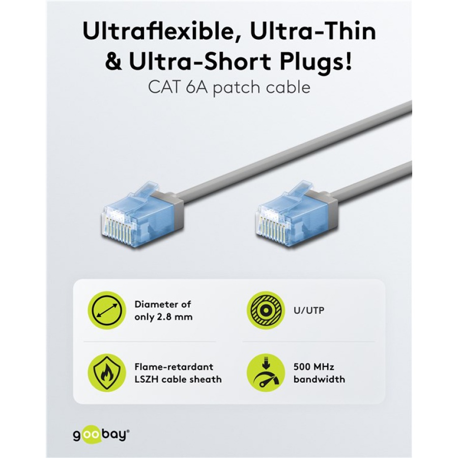 GOOBAY καλώδιο δικτύου 74221, CAT 6A U/UTP, slim, copper, 500MHz, 0.5m, γκρι - Image 2
