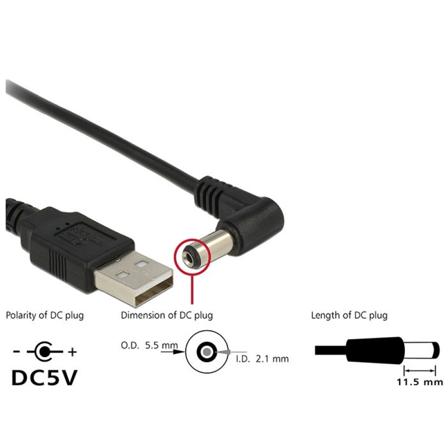 DELOCK καλώδιο USB σε DC 5.5 x 2.1mm 83578, γωνιακό, 1.5m, μαύρο - Image 2