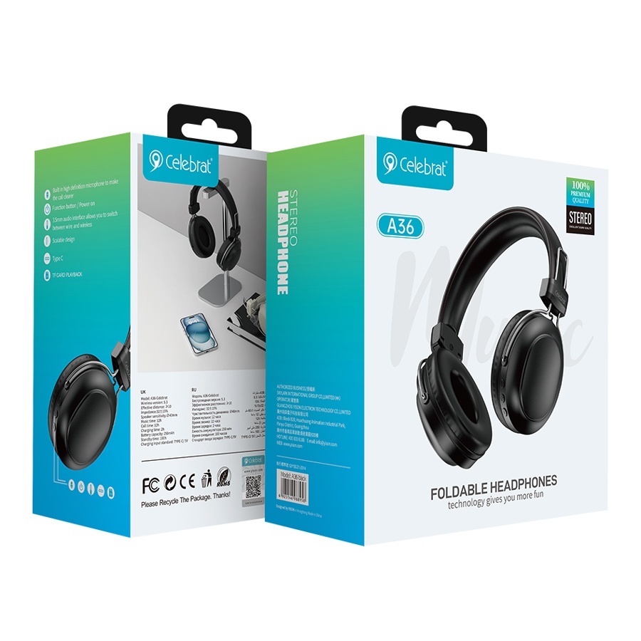 CELEBRAT headphones A36, ασύρματα & ενσύρματα, micro SD, 40mm, 250mAh, μαύρα - Image 5