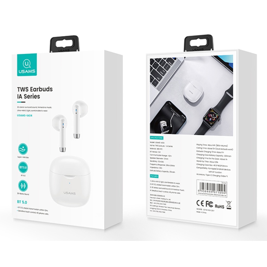 USAMS earphones IA04 με θήκη φόρτισης, True Wireless, Φ13mm, λευκά - Image 4