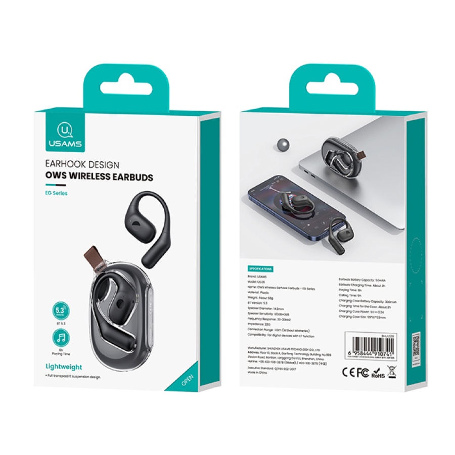 USAMS earphones με θήκη φόρτισης UG26, OWS, Φ14.2mm, 50/300mAh, μαύρα - Image 5