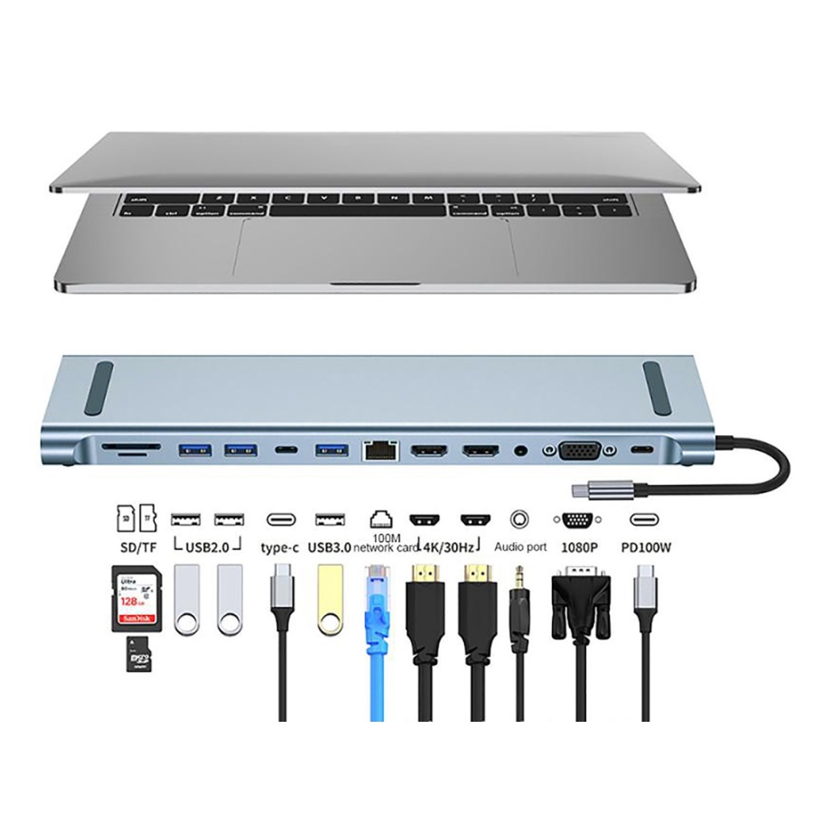 POWERTECH docking station BYL-2003U2, 12 θυρών, βάση laptop, USB-C, γκρι - Image 2