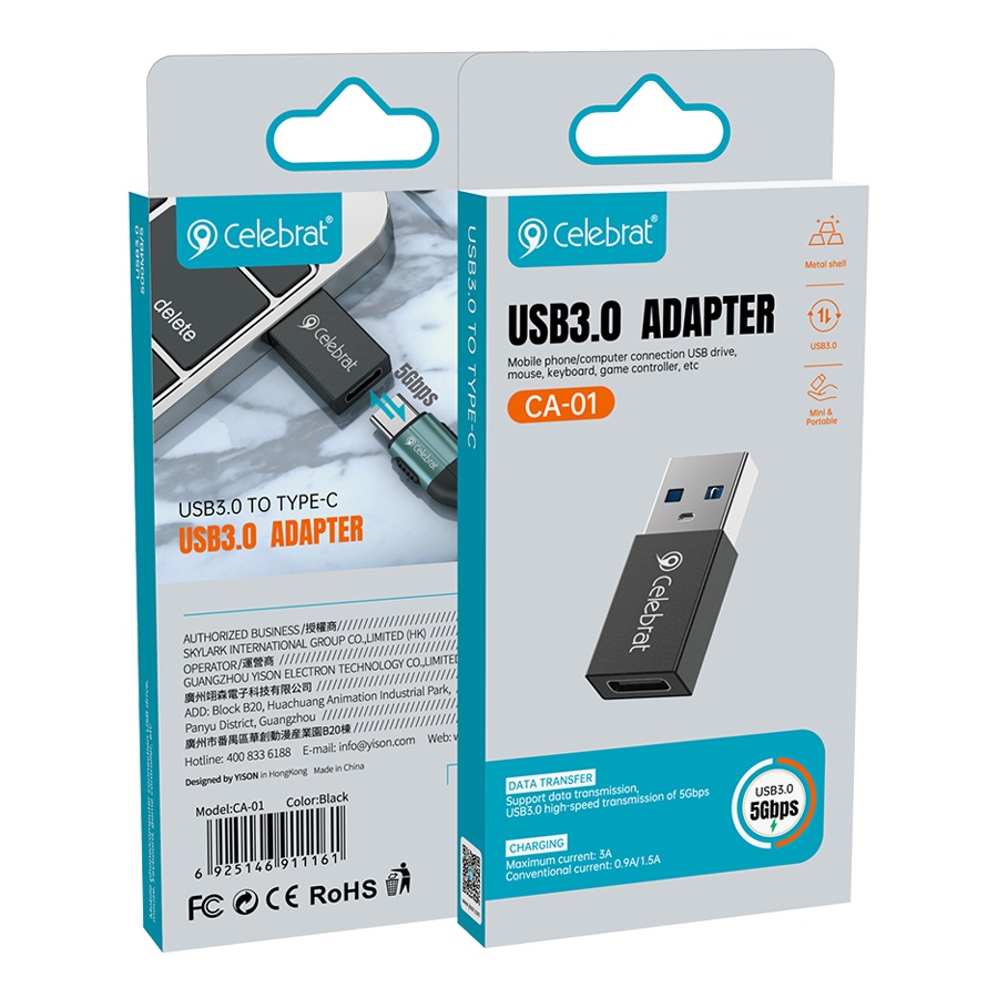 CELEBRAT αντάπτορας USB 3.0 σε USB-C CA-01, 3A, 5Gbps, μαύρος - Image 6