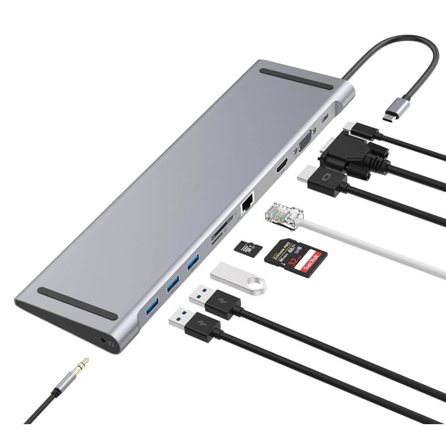 POWERTECH docking station CAB-UC080, 10 θυρών, βάση laptop, USB-C, γκρι - Image 6