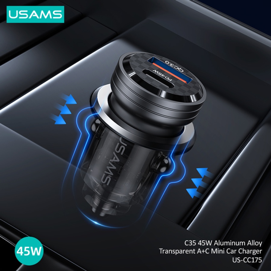 USAMS φορτιστής αυτοκινήτου US-CC175, USB & USB-C, 45W, QC & PD, μαύρος - Image 5