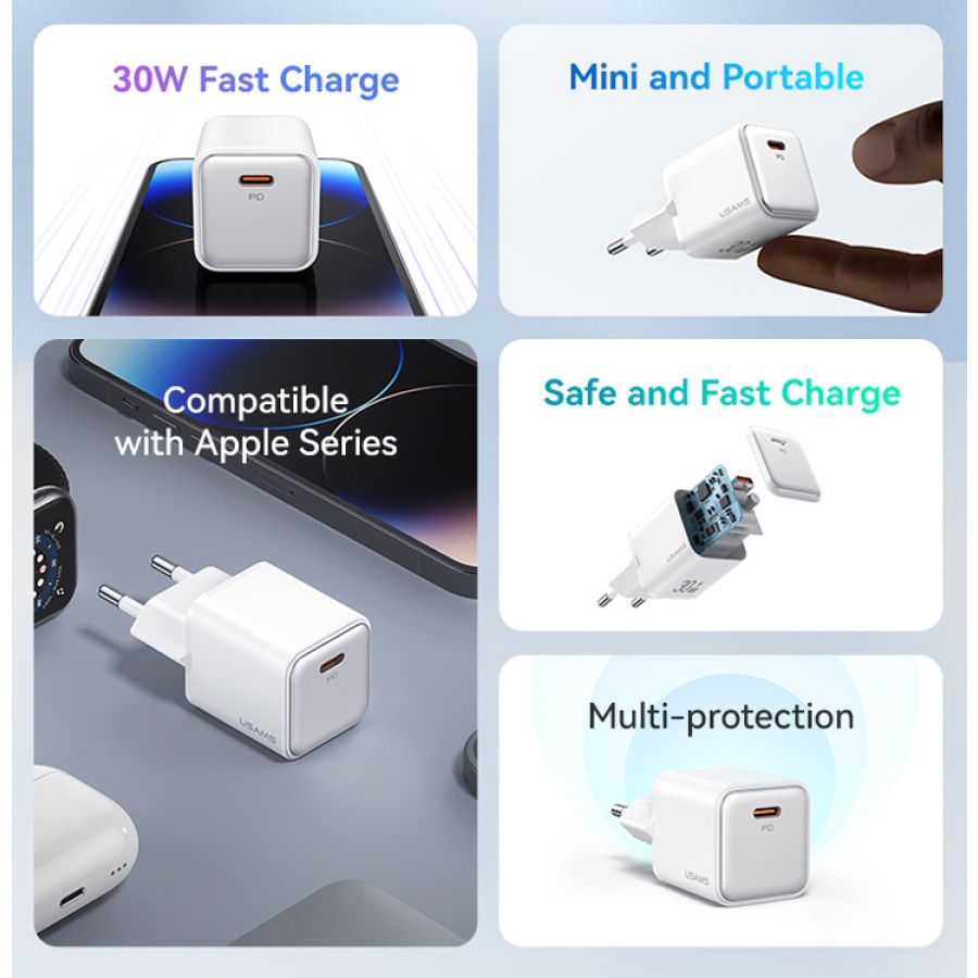 USAMS φορτιστής τοίχου US-CC186, USB-C θύρα εξόδου, 30W PD, μαύρος - Image 3
