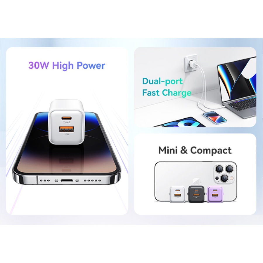 USAMS φορτιστής τοίχου US-CC189, USB & USB-C, 30W PD, λευκός - Image 3