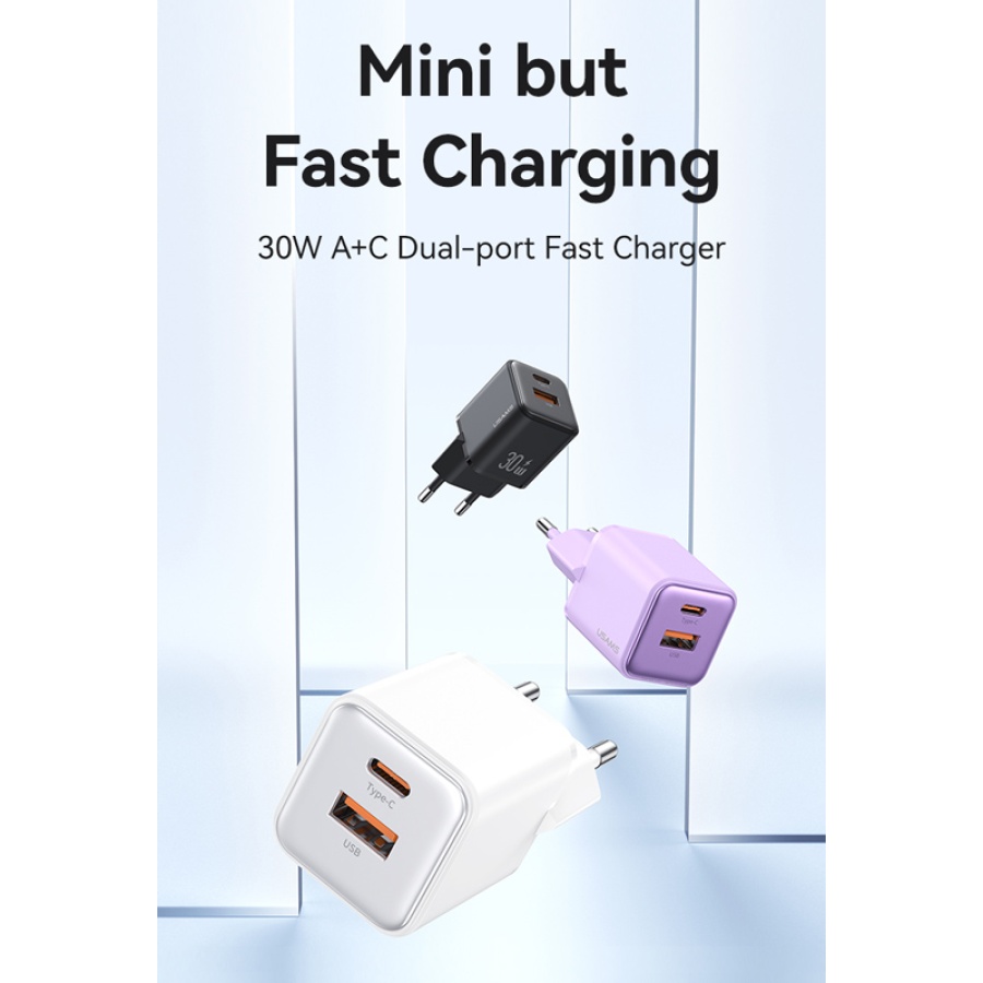 USAMS φορτιστής τοίχου US-CC189, USB & USB-C, 30W PD, μωβ - Image 2