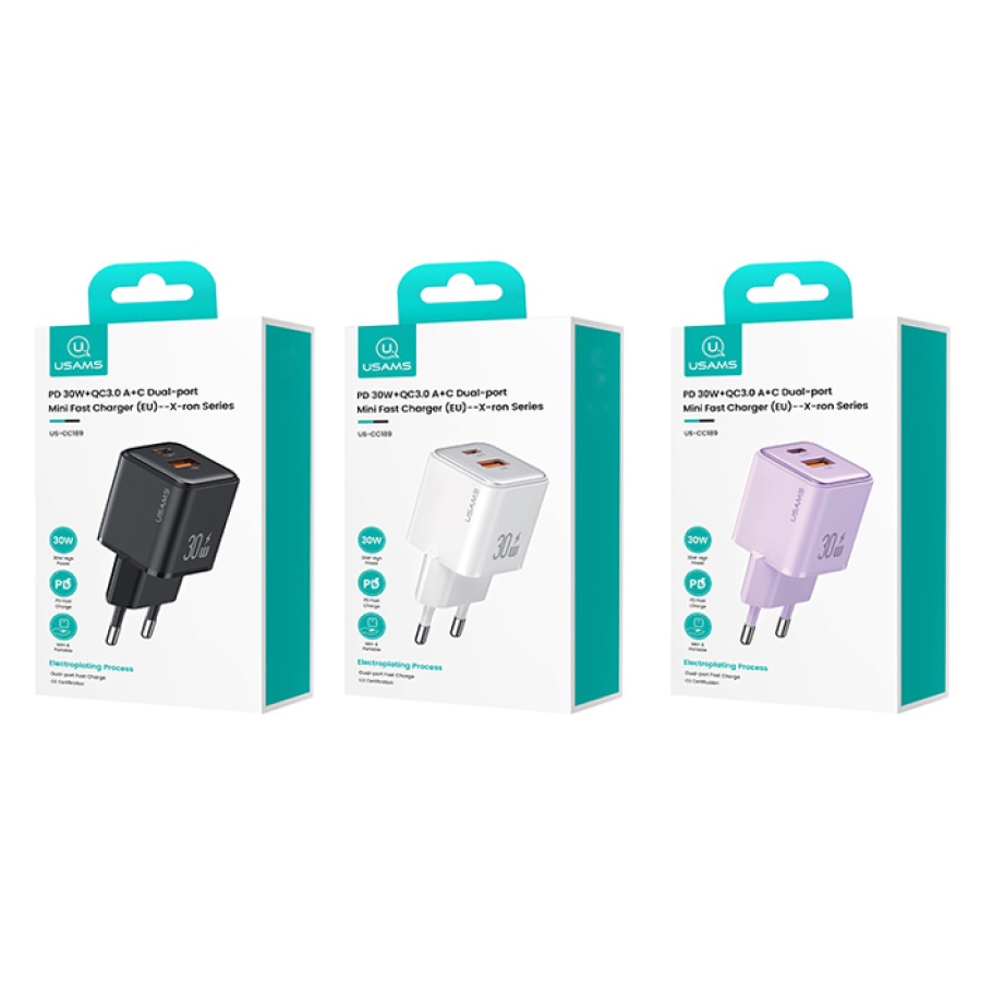 USAMS φορτιστής τοίχου US-CC189, USB & USB-C, 30W PD, μωβ - Image 4