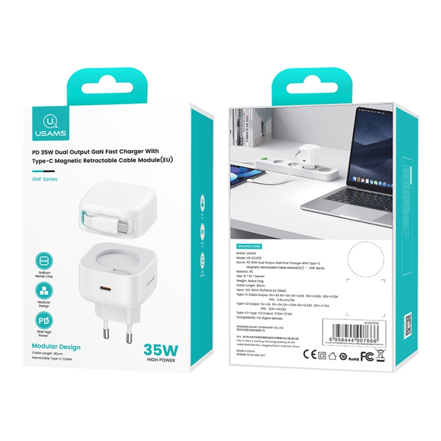 USAMS φορτιστής τοίχου US-CC202 με καλώδιο USB-C, USB-C, 35W GaN, λευκός - Image 5