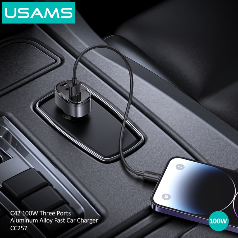 USAMS φορτιστής αυτοκινήτου US-CC257, USB/USB-C/Lightning, 100W, γκρι - Image 2